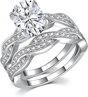 6CT Oval Engagement Rings for Women, Promise Wedding Cubic Zirconia White Gold Plated Band Set for Women, Size 5-10