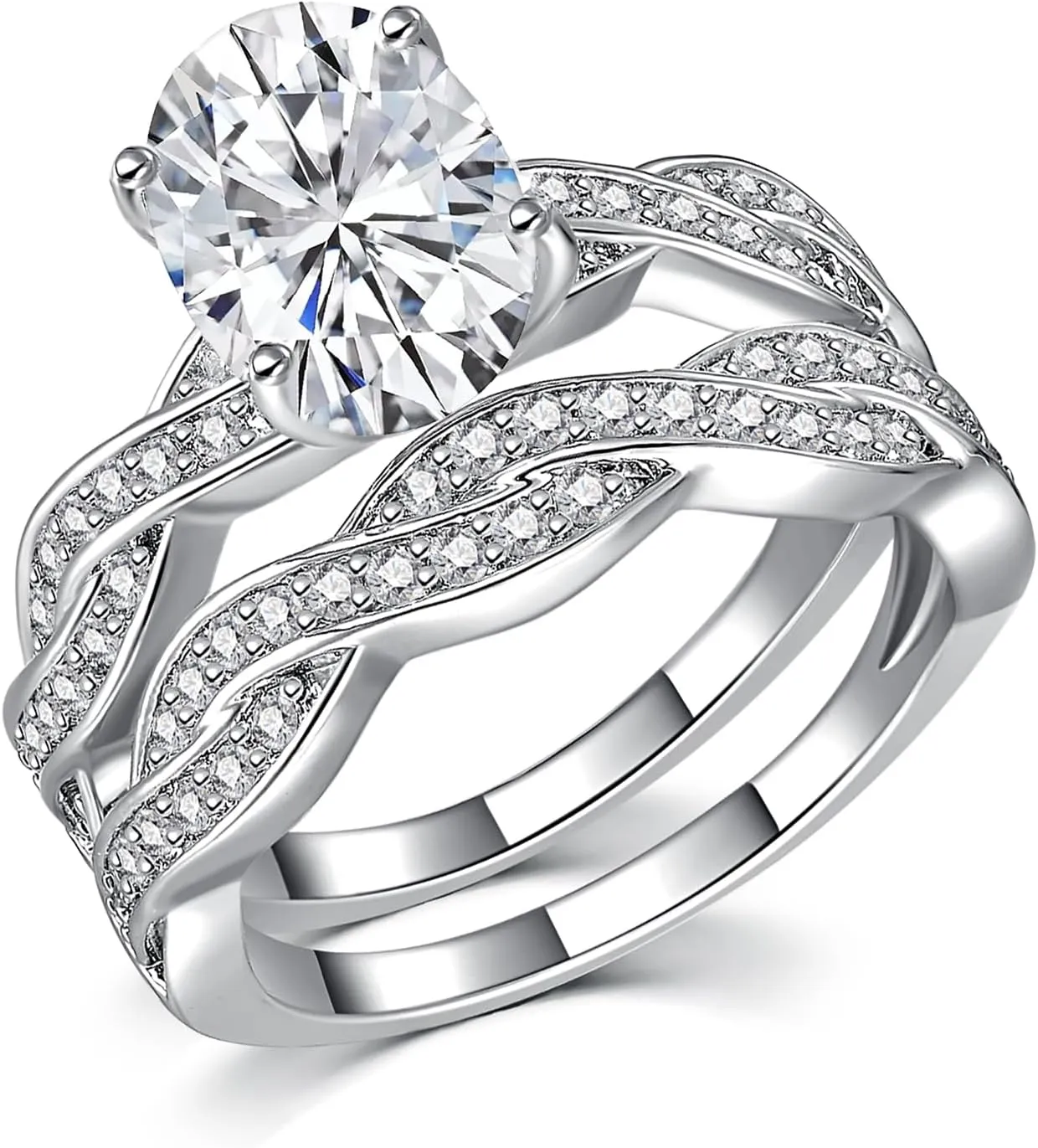 6CT Oval Engagement Rings for Women, Promise Wedding Cubic Zirconia White Gold Plated Band Set for Women, Size 5-10