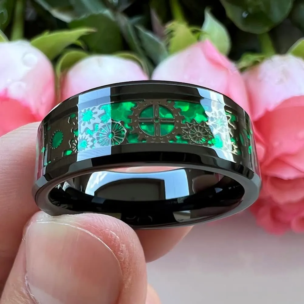 6mm 8mm Blue Red Green Carbon Fiber Steampunk Gear Inlay Tungsten Rings for Men Women Wedding Bands Beveled Edges Polished Comfort Fit