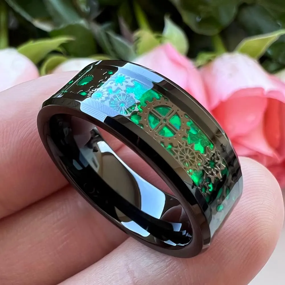 6mm 8mm Blue Red Green Carbon Fiber Steampunk Gear Inlay Tungsten Rings for Men Women Wedding Bands Beveled Edges Polished Comfort Fit