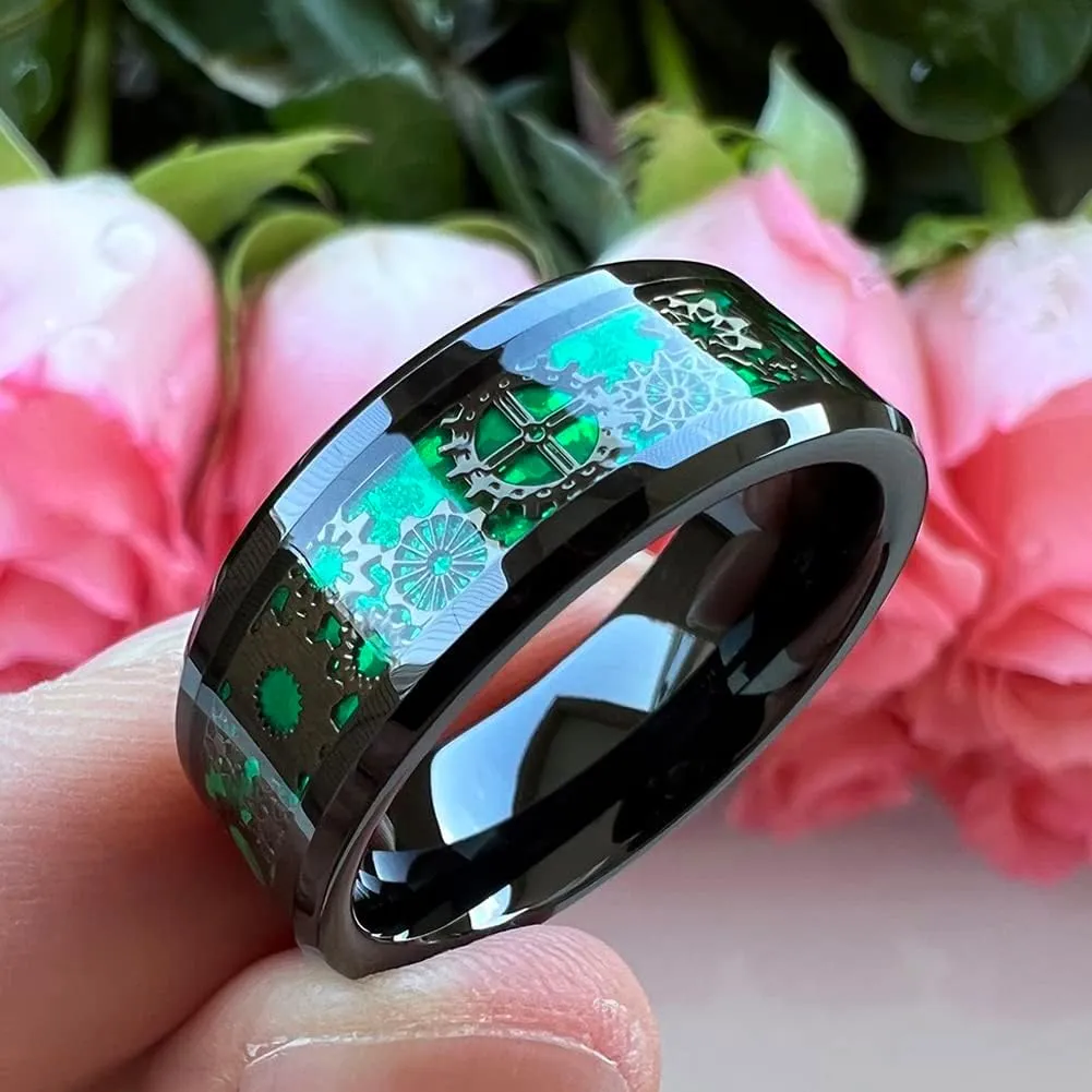 6mm 8mm Blue Red Green Carbon Fiber Steampunk Gear Inlay Tungsten Rings for Men Women Wedding Bands Beveled Edges Polished Comfort Fit