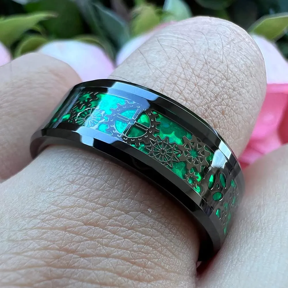 6mm 8mm Blue Red Green Carbon Fiber Steampunk Gear Inlay Tungsten Rings for Men Women Wedding Bands Beveled Edges Polished Comfort Fit