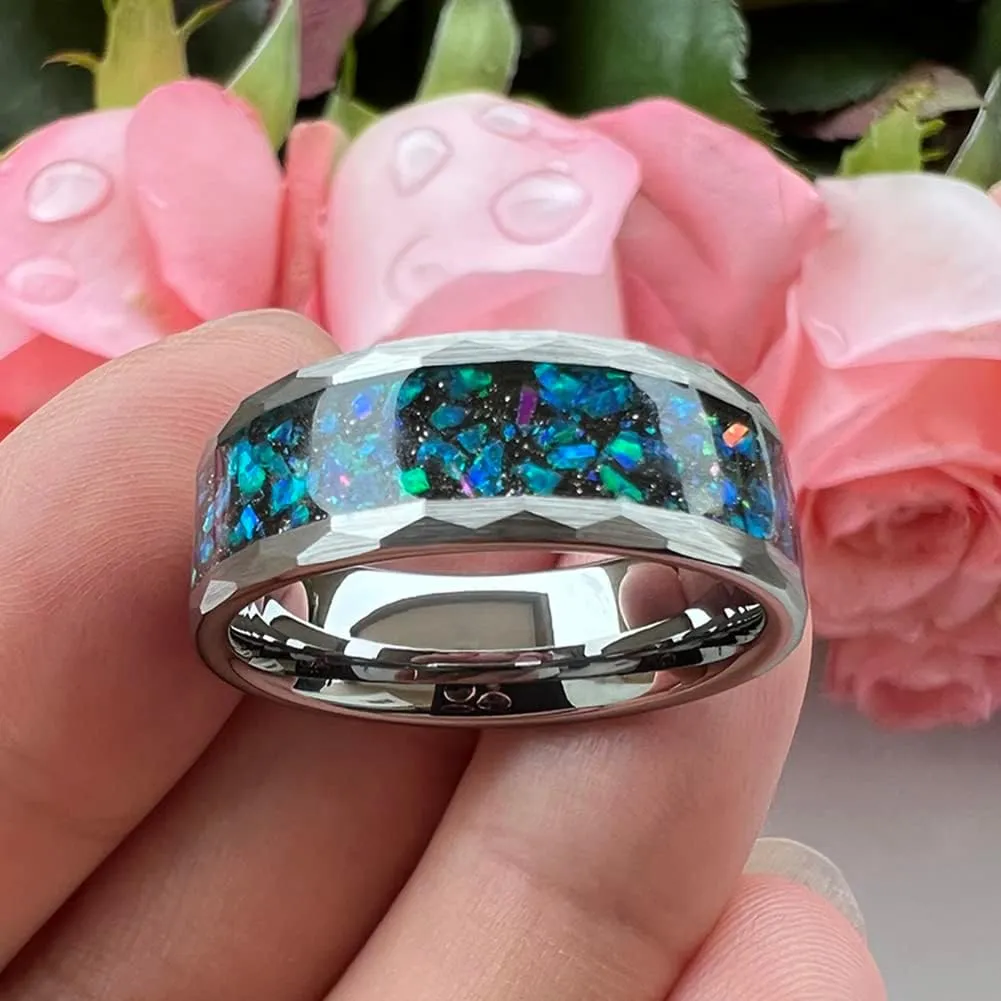 6mm 8mm Silver/Black Hammered Tungsten Rings for Men Women Couple Genuine Galaxy Opal Inlay Fashion Jewelry Engagement Wedding Bands Matte Finish Comfort Fit