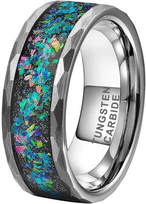 6mm 8mm Silver/Black Hammered Tungsten Rings for Men Women Couple Genuine Galaxy Opal Inlay Fashion Jewelry Engagement Wedding Bands Matte Finish Comfort Fit