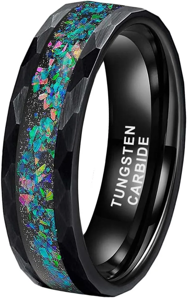 6mm 8mm Silver/Black Hammered Tungsten Rings for Men Women Couple Genuine Galaxy Opal Inlay Fashion Jewelry Engagement Wedding Bands Matte Finish Comfort Fit