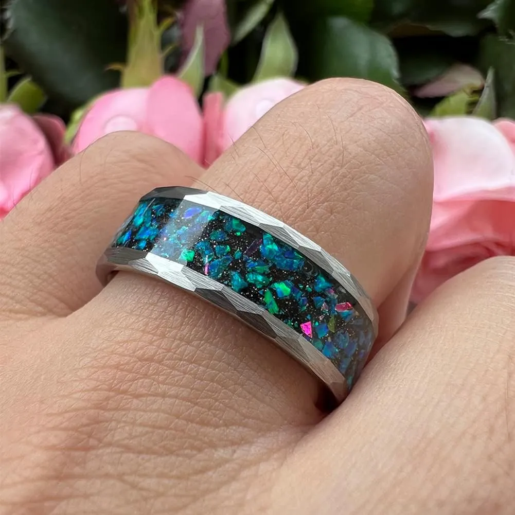 6mm 8mm Silver/Black Hammered Tungsten Rings for Men Women Couple Genuine Galaxy Opal Inlay Fashion Jewelry Engagement Wedding Bands Matte Finish Comfort Fit
