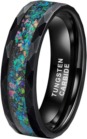 6mm 8mm Silver/Black Hammered Tungsten Rings for Men Women Couple Genuine Galaxy Opal Inlay Fashion Jewelry Engagement Wedding Bands Matte Finish Comfort Fit