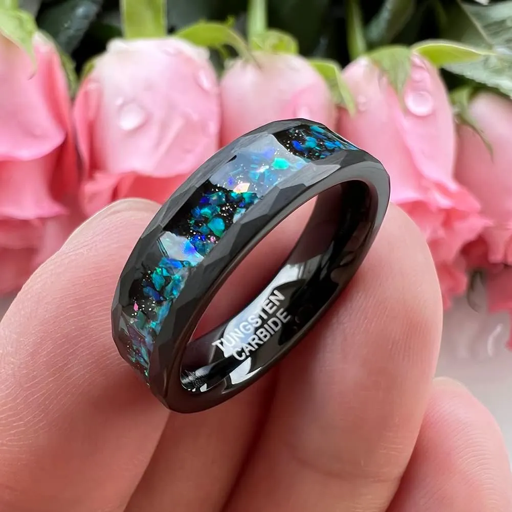 6mm 8mm Silver/Black Hammered Tungsten Rings for Men Women Couple Genuine Galaxy Opal Inlay Fashion Jewelry Engagement Wedding Bands Matte Finish Comfort Fit