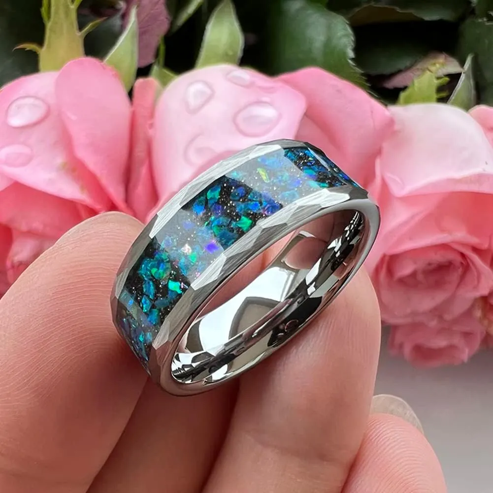 6mm 8mm Silver/Black Hammered Tungsten Rings for Men Women Couple Genuine Galaxy Opal Inlay Fashion Jewelry Engagement Wedding Bands Matte Finish Comfort Fit