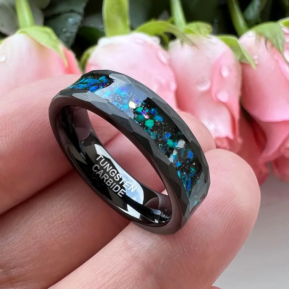 6mm 8mm Silver/Black Hammered Tungsten Rings for Men Women Couple Genuine Galaxy Opal Inlay Fashion Jewelry Engagement Wedding Bands Matte Finish Comfort Fit