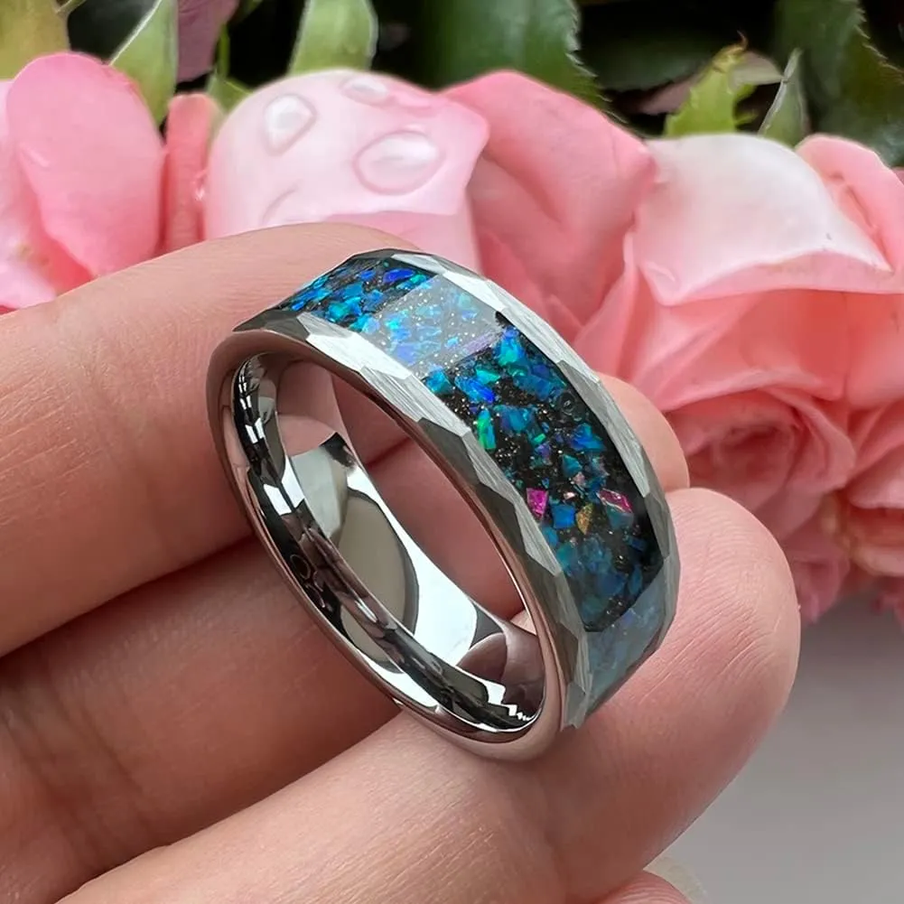 6mm 8mm Silver/Black Hammered Tungsten Rings for Men Women Couple Genuine Galaxy Opal Inlay Fashion Jewelry Engagement Wedding Bands Matte Finish Comfort Fit