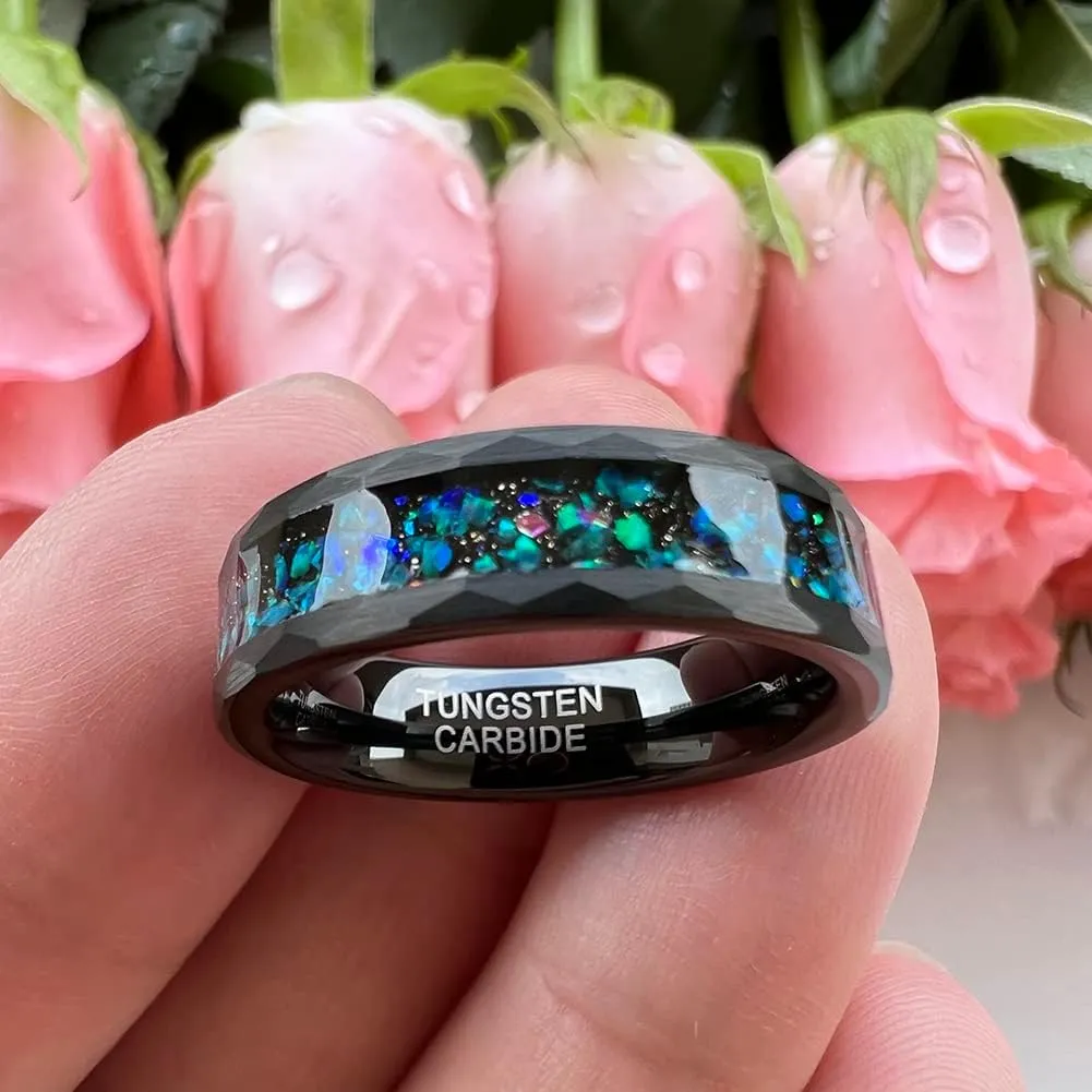 6mm 8mm Silver/Black Hammered Tungsten Rings for Men Women Couple Genuine Galaxy Opal Inlay Fashion Jewelry Engagement Wedding Bands Matte Finish Comfort Fit