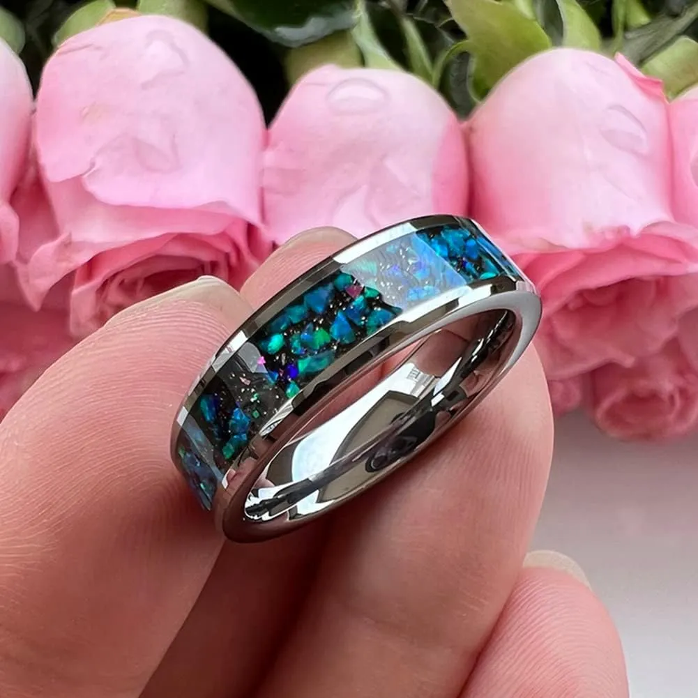 6mm 8mm Silver/Black Tungsten Rings for Men Women Couple Genuine Galaxy Opal Inlay Fashion Jewelry Engagement Wedding Bands Beveled Polished Shiny Comfort Fit
