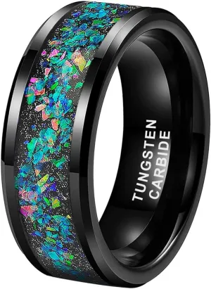 6mm 8mm Silver/Black Tungsten Rings for Men Women Couple Genuine Galaxy Opal Inlay Fashion Jewelry Engagement Wedding Bands Beveled Polished Shiny Comfort Fit