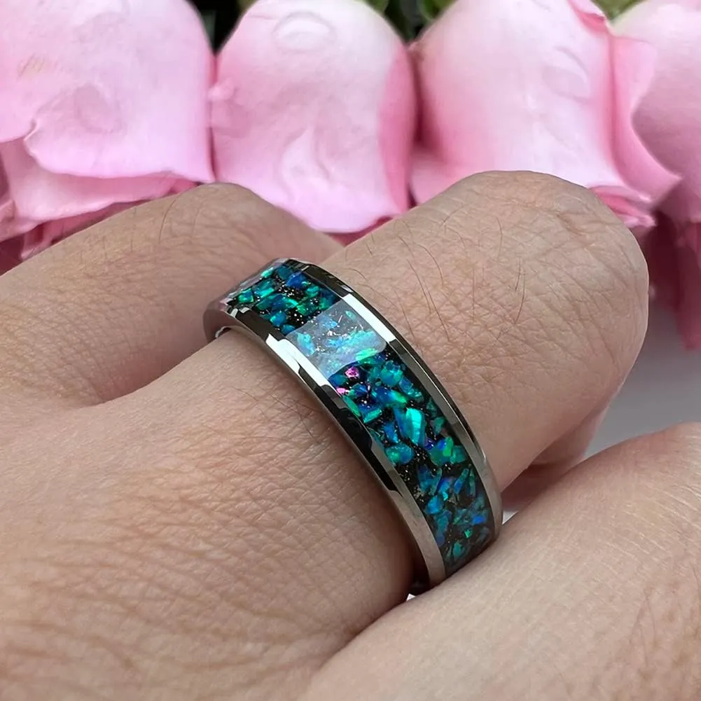 6mm 8mm Silver/Black Tungsten Rings for Men Women Couple Genuine Galaxy Opal Inlay Fashion Jewelry Engagement Wedding Bands Beveled Polished Shiny Comfort Fit