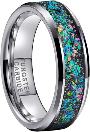 6mm 8mm Silver/Black Tungsten Rings for Men Women Couple Genuine Galaxy Opal Inlay Fashion Jewelry Engagement Wedding Bands Beveled Polished Shiny Comfort Fit
