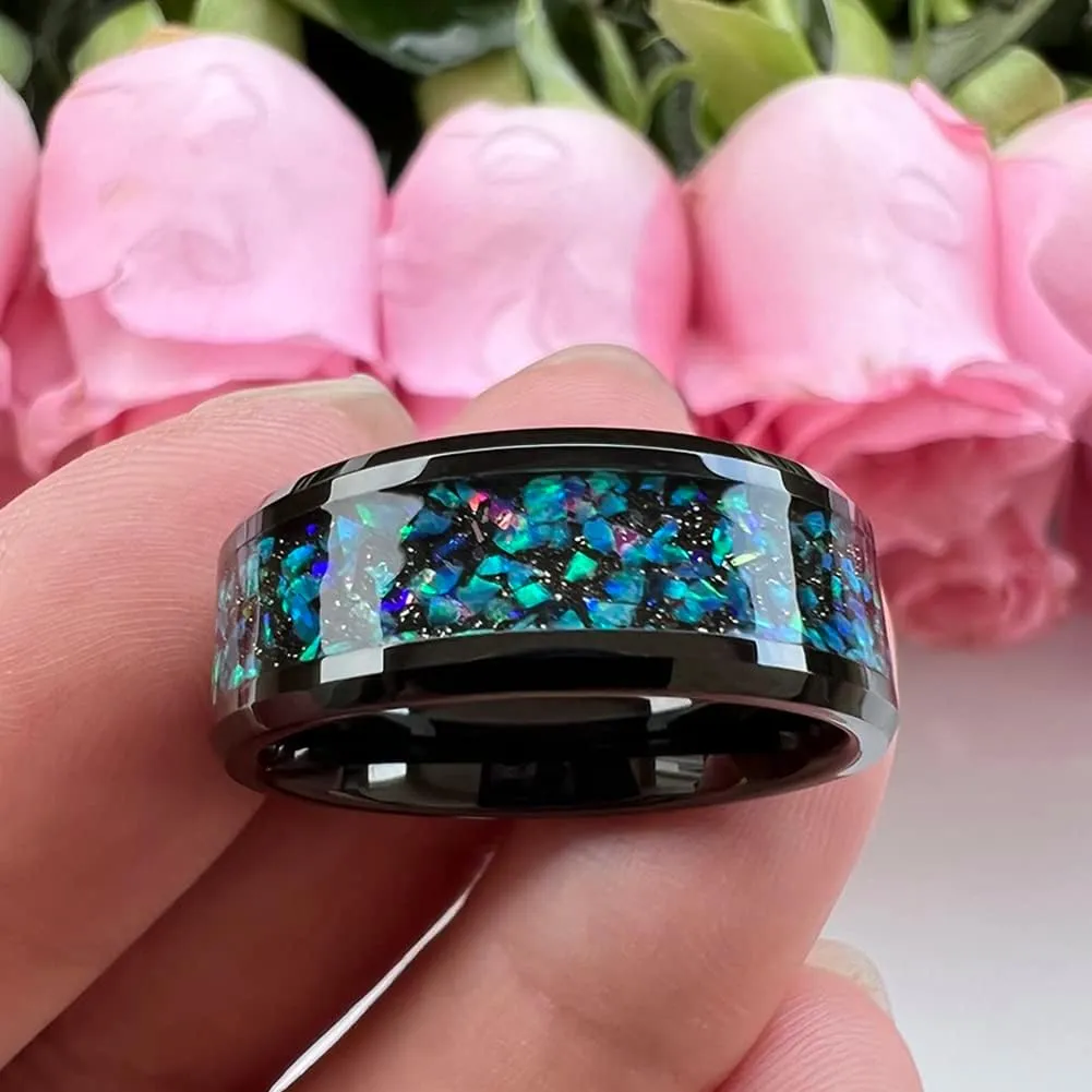 6mm 8mm Silver/Black Tungsten Rings for Men Women Couple Genuine Galaxy Opal Inlay Fashion Jewelry Engagement Wedding Bands Beveled Polished Shiny Comfort Fit