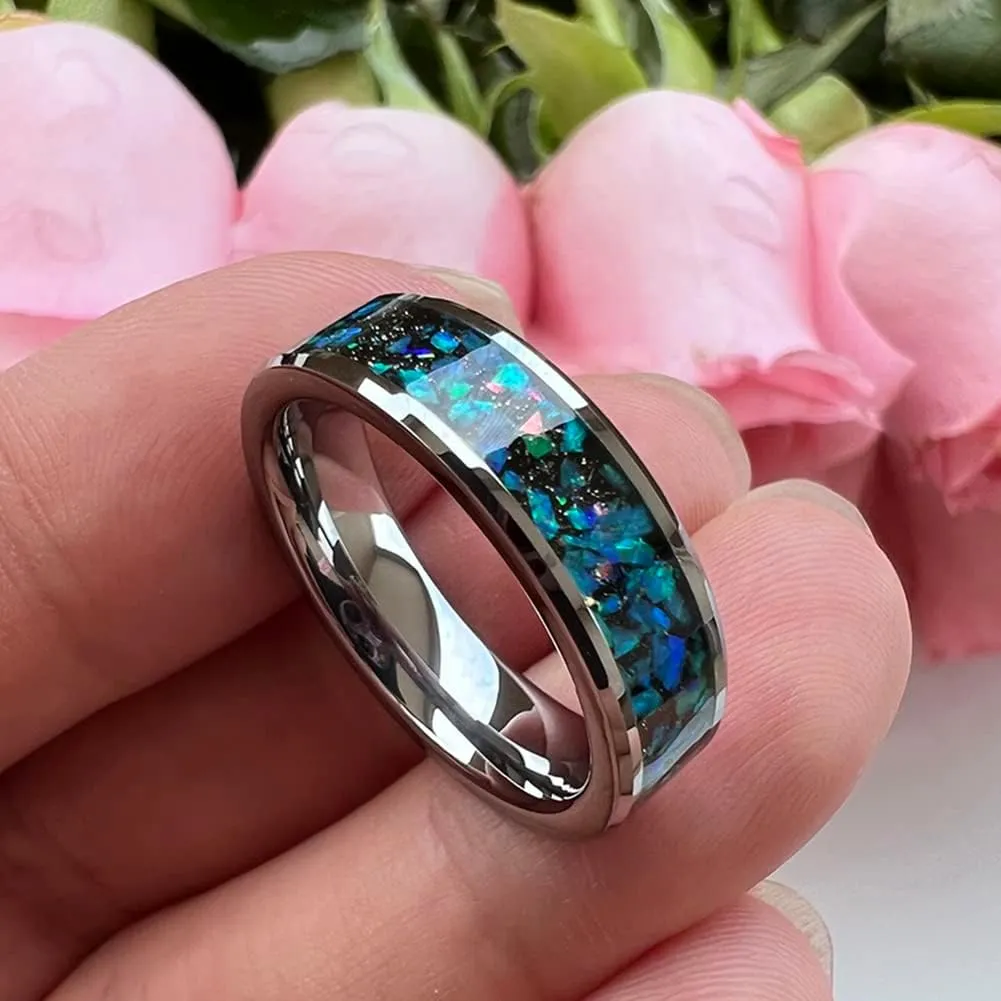 6mm 8mm Silver/Black Tungsten Rings for Men Women Couple Genuine Galaxy Opal Inlay Fashion Jewelry Engagement Wedding Bands Beveled Polished Shiny Comfort Fit