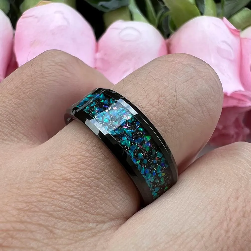 6mm 8mm Silver/Black Tungsten Rings for Men Women Couple Genuine Galaxy Opal Inlay Fashion Jewelry Engagement Wedding Bands Beveled Polished Shiny Comfort Fit