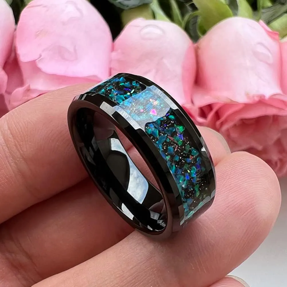 6mm 8mm Silver/Black Tungsten Rings for Men Women Couple Genuine Galaxy Opal Inlay Fashion Jewelry Engagement Wedding Bands Beveled Polished Shiny Comfort Fit