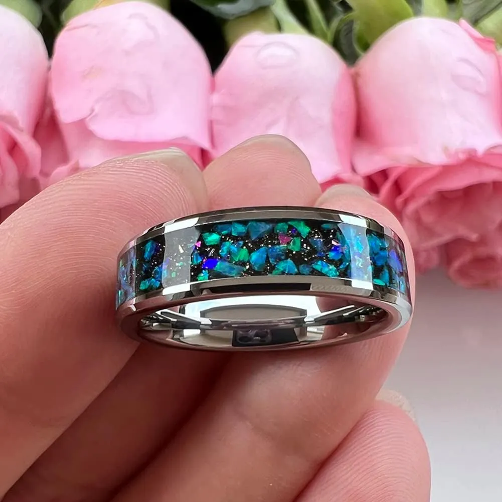 6mm 8mm Silver/Black Tungsten Rings for Men Women Couple Genuine Galaxy Opal Inlay Fashion Jewelry Engagement Wedding Bands Beveled Polished Shiny Comfort Fit