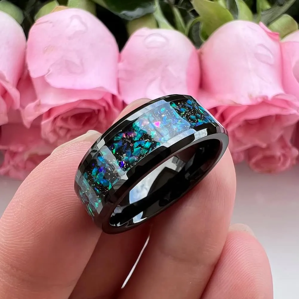 6mm 8mm Silver/Black Tungsten Rings for Men Women Couple Genuine Galaxy Opal Inlay Fashion Jewelry Engagement Wedding Bands Beveled Polished Shiny Comfort Fit