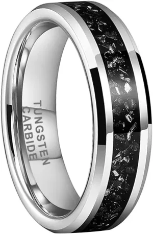 6mm 8mm Silver/Black Tungsten Rings for Men Women Meteorite Shavings Inlay Promise Engagement Wedding Bands Beveled Edges Polished Shiny Comfort Fit
