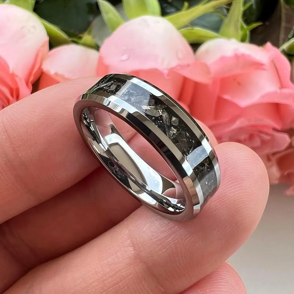 6mm 8mm Silver/Black Tungsten Rings for Men Women Meteorite Shavings Inlay Promise Engagement Wedding Bands Beveled Edges Polished Shiny Comfort Fit