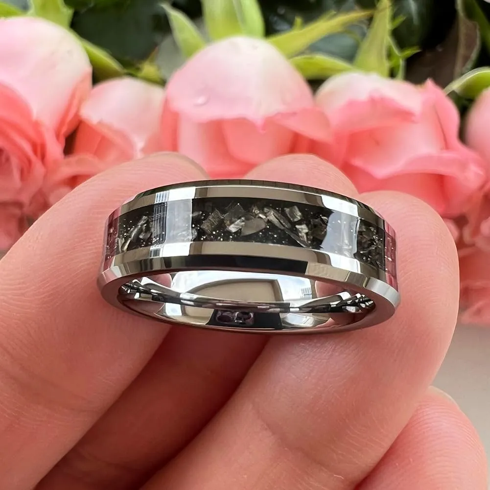 6mm 8mm Silver/Black Tungsten Rings for Men Women Meteorite Shavings Inlay Promise Engagement Wedding Bands Beveled Edges Polished Shiny Comfort Fit