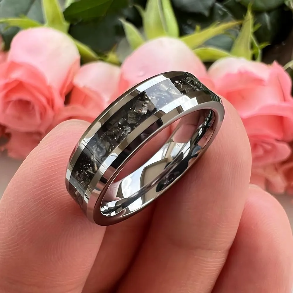 6mm 8mm Silver/Black Tungsten Rings for Men Women Meteorite Shavings Inlay Promise Engagement Wedding Bands Beveled Edges Polished Shiny Comfort Fit