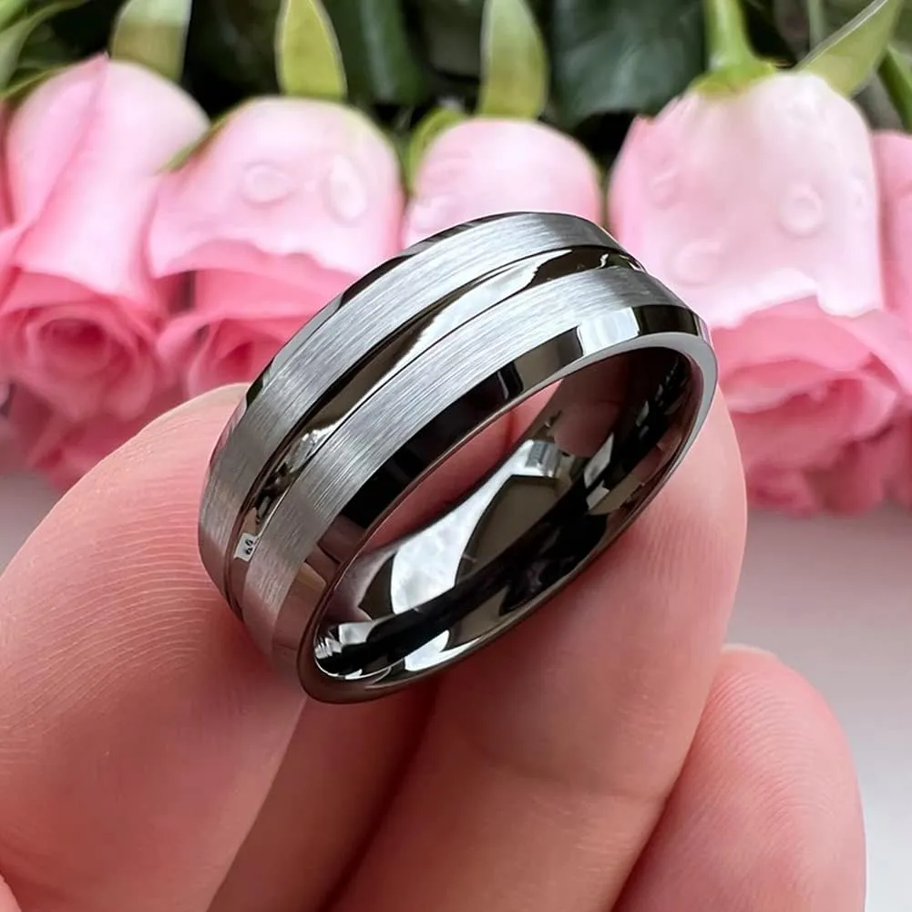 6mm 8mm Silver/Black/Blue/Gunmetal/Gold/Rose Gold Tungsten Rings for Men Women Fashion Engagement Wedding Bands Matte Finish Beveled Edges Comfort Fit