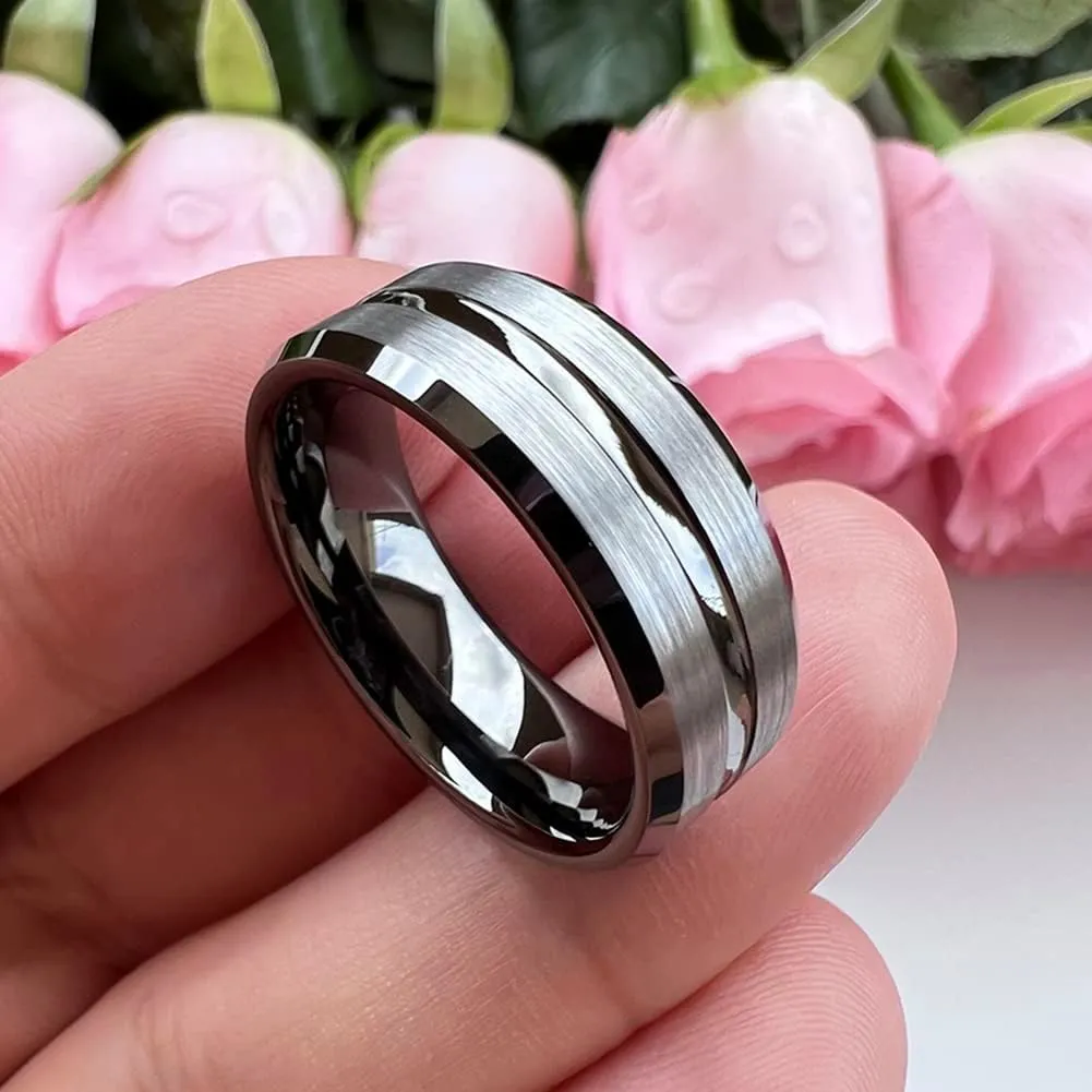 6mm 8mm Silver/Black/Blue/Gunmetal/Gold/Rose Gold Tungsten Rings for Men Women Fashion Engagement Wedding Bands Matte Finish Beveled Edges Comfort Fit