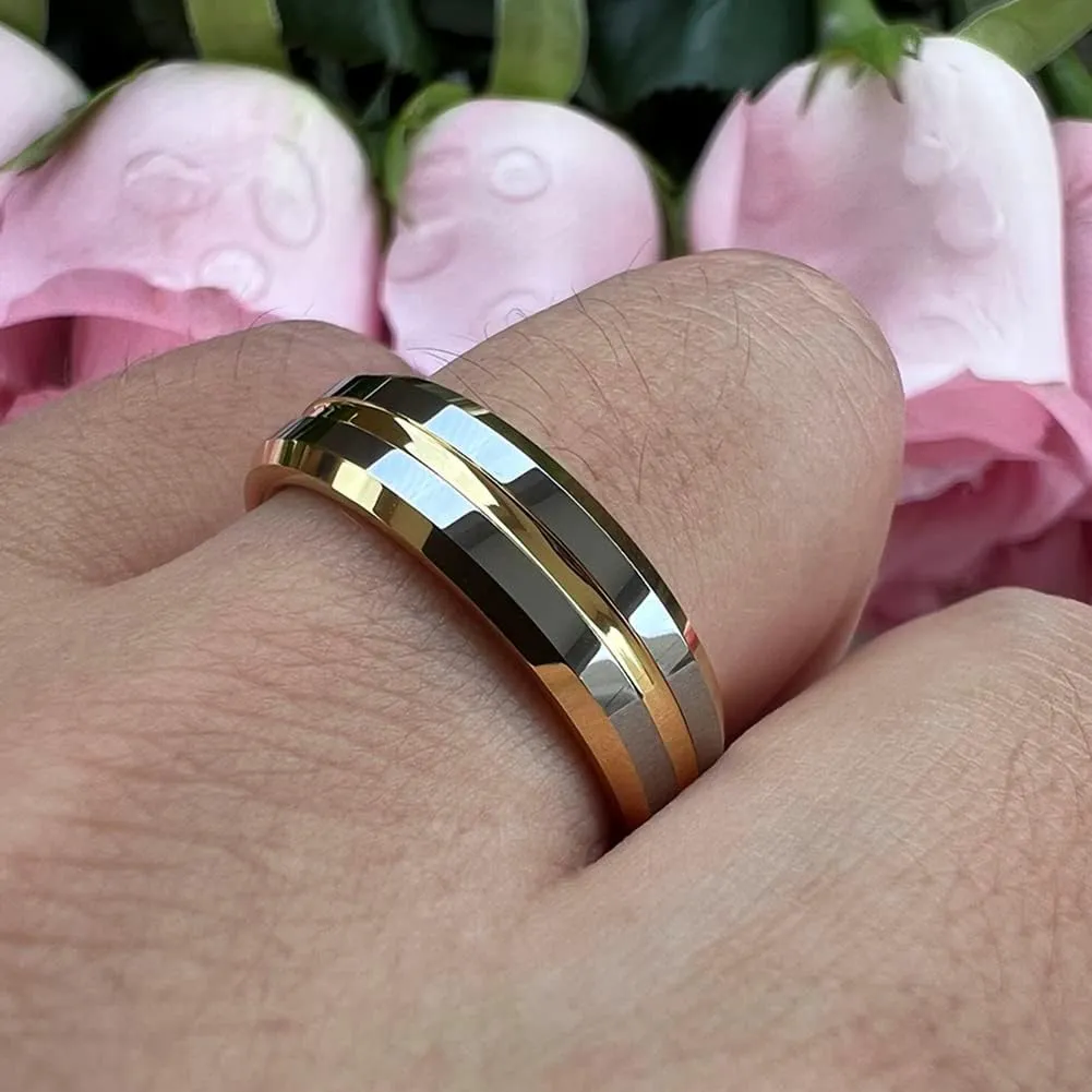 6mm 8mm Silver/Black/Blue/Gunmetal/Gold/Rose Gold Tungsten Rings for Men Women Fashion Engagement Wedding Bands Matte Finish Beveled Edges Comfort Fit