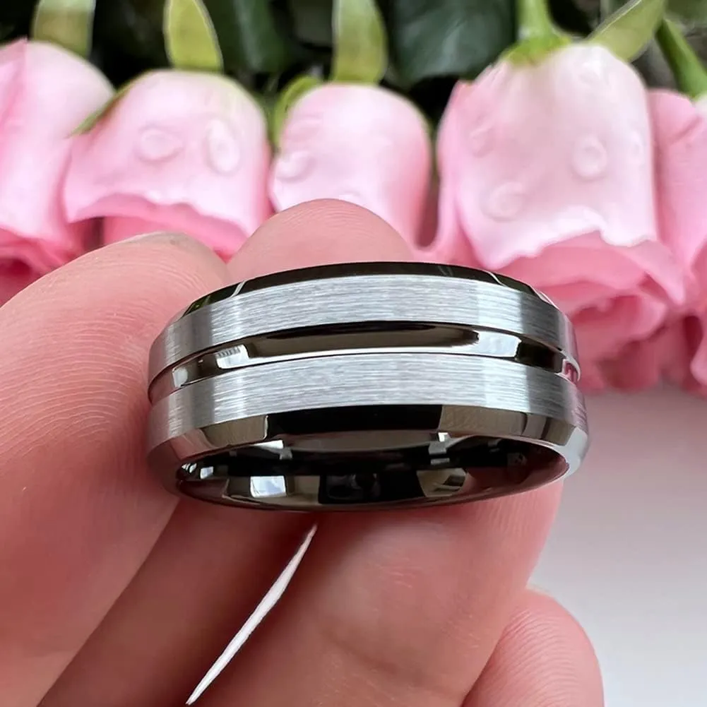 6mm 8mm Silver/Black/Blue/Gunmetal/Gold/Rose Gold Tungsten Rings for Men Women Fashion Engagement Wedding Bands Matte Finish Beveled Edges Comfort Fit