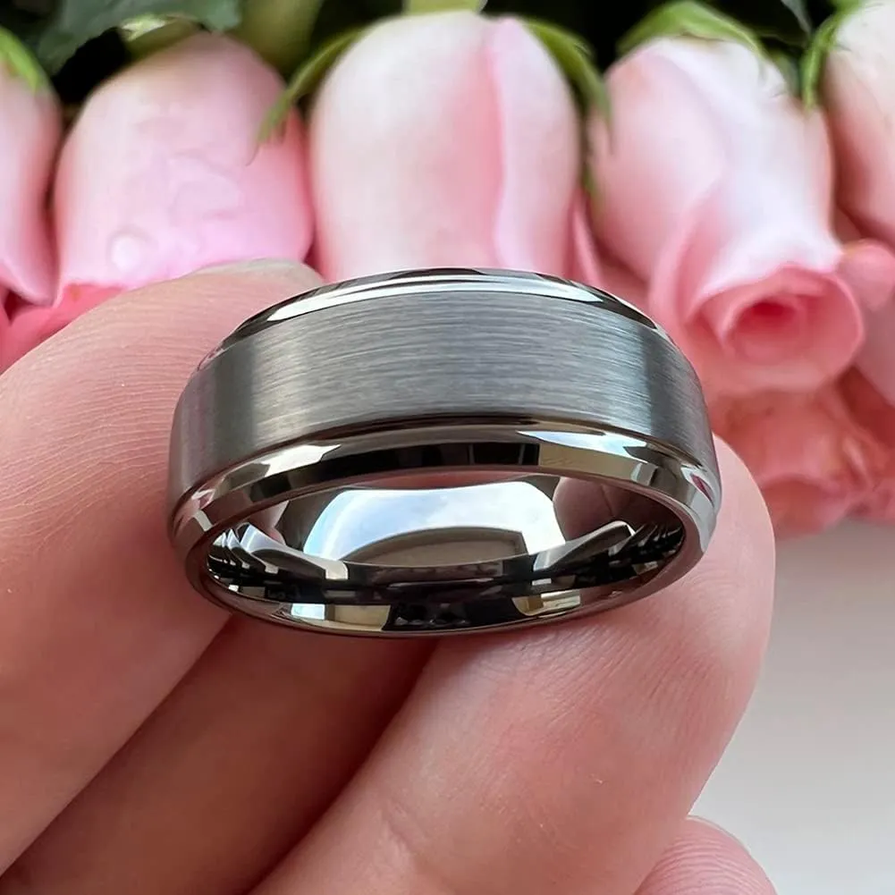 6mm 8mm Tungsten Rings for Men Women Fashion Engagement Wedding Bands Brushed Finish Stepped Beveled Edges Comfort Fit