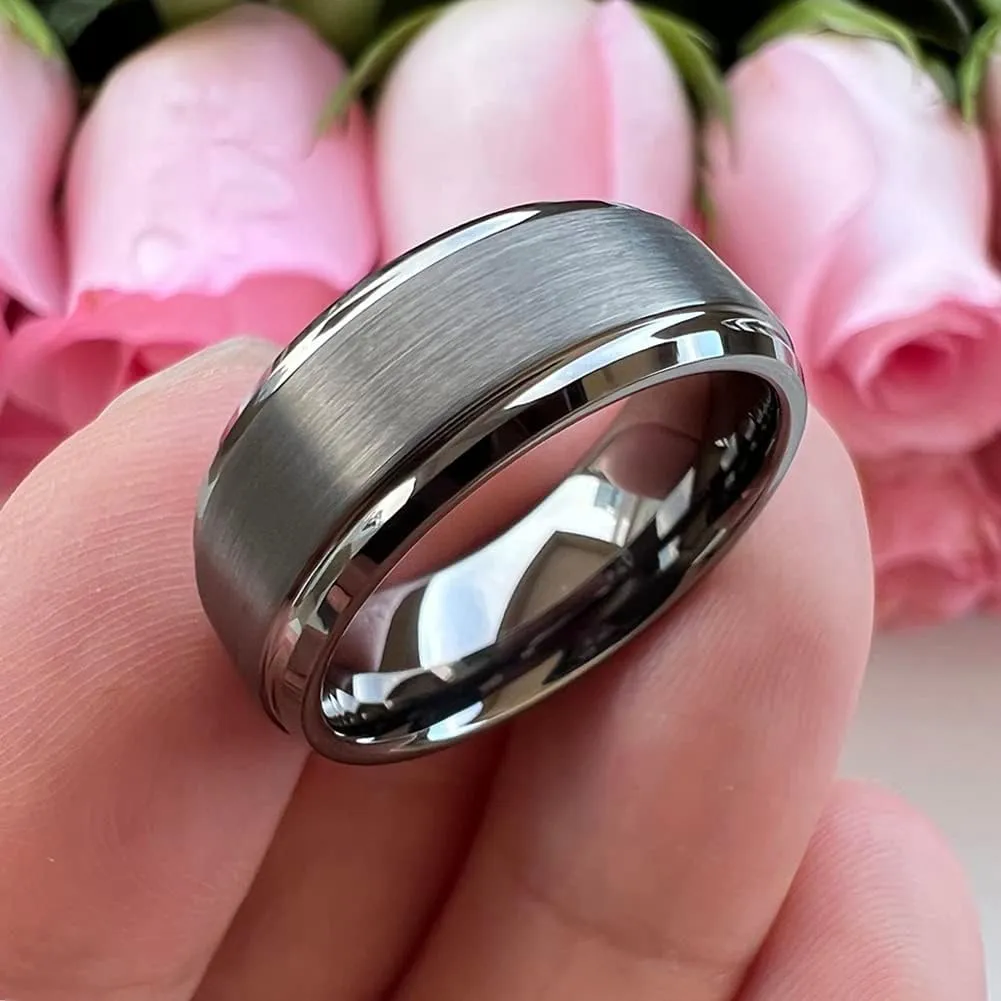 6mm 8mm Tungsten Rings for Men Women Fashion Engagement Wedding Bands Brushed Finish Stepped Beveled Edges Comfort Fit