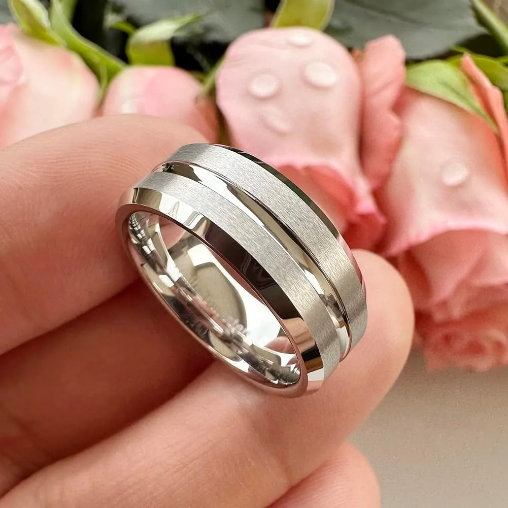 6mm 8mm White Tungsten Rings for Men Women Couple Fashion Jewelry Engagement Wedding Bands Matte Finish Beveled Edges Comfort Fit