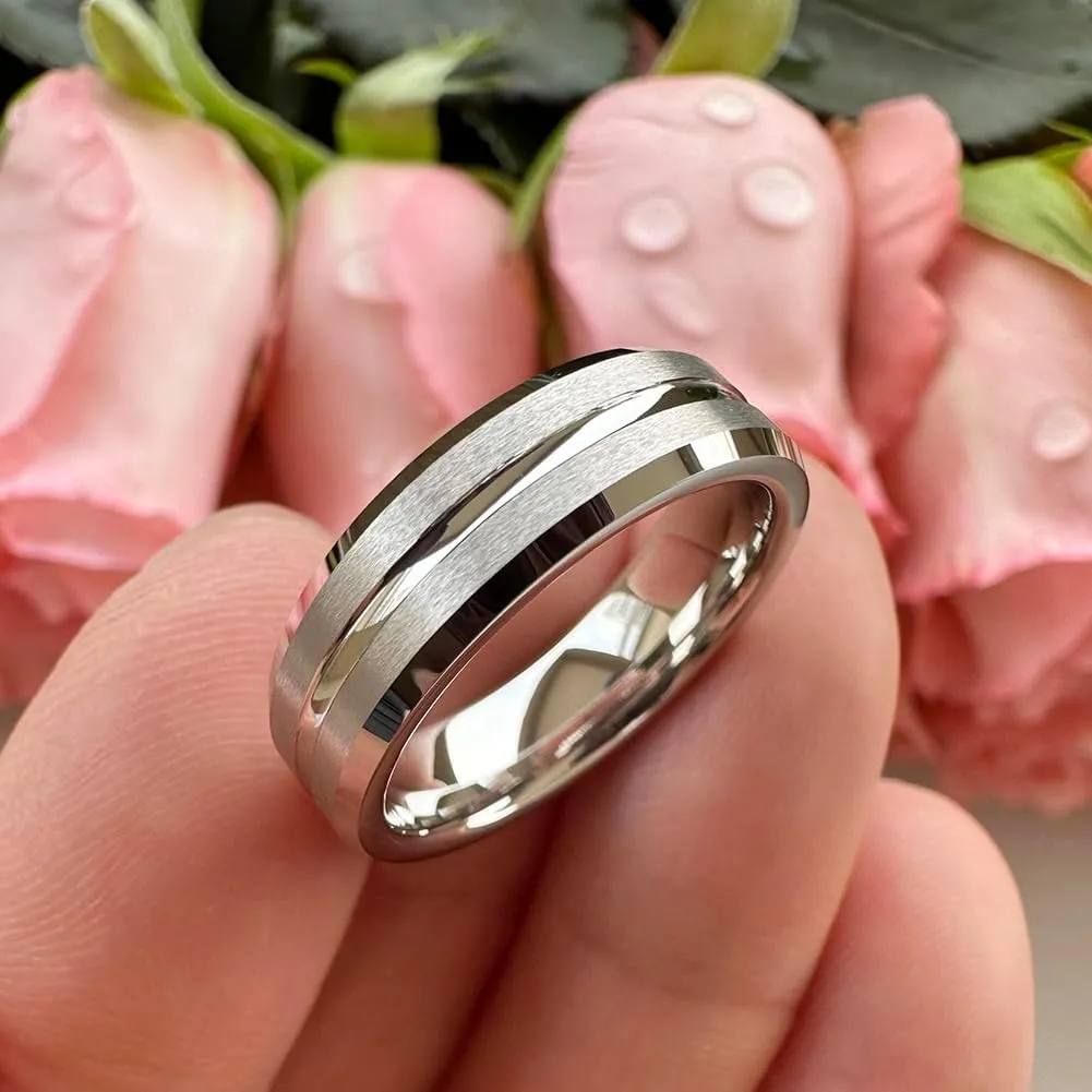 6mm 8mm White Tungsten Rings for Men Women Couple Fashion Jewelry Engagement Wedding Bands Matte Finish Beveled Edges Comfort Fit