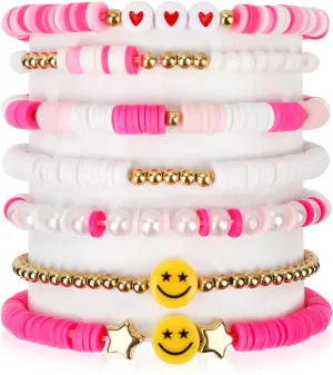 7pcs Colorful Bracelets Set, Stackable Clay Bead Bracelets with Smile Heart Star Design, Elastic & Stretchable, Perfect for Women, Kids & Teens