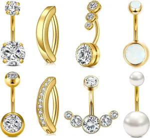 8 Pcs Gold/Silver Belly Button Ring for Women Hypoallergenic Surgical Stainless Steel Belly Rings Pearl Opal CZ Clicker Belly Button Piercing Navel Piercings Pack