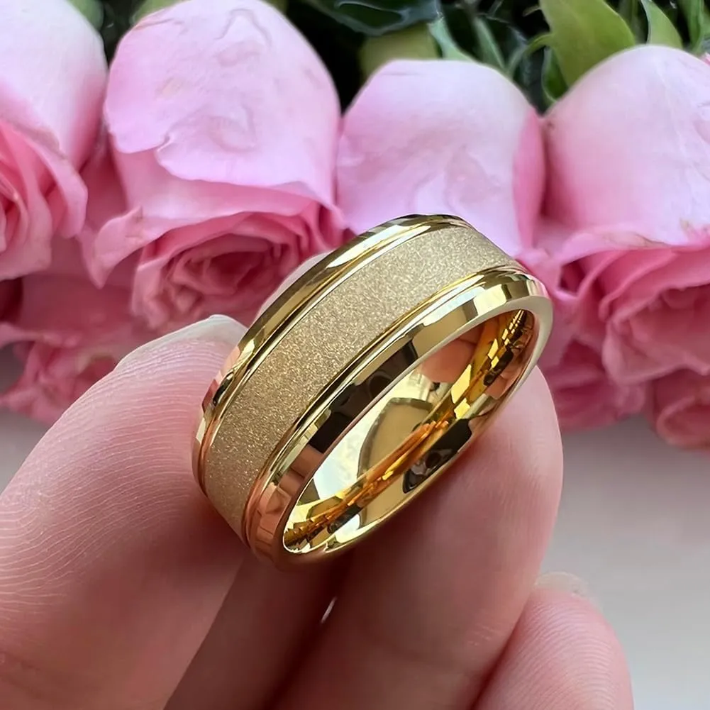 8mm Black/White/Gold Tungsten Rings for Men Women Promise Engagement Wedding Bands Sandblasted Finish Beveled Edges Comfort Fit