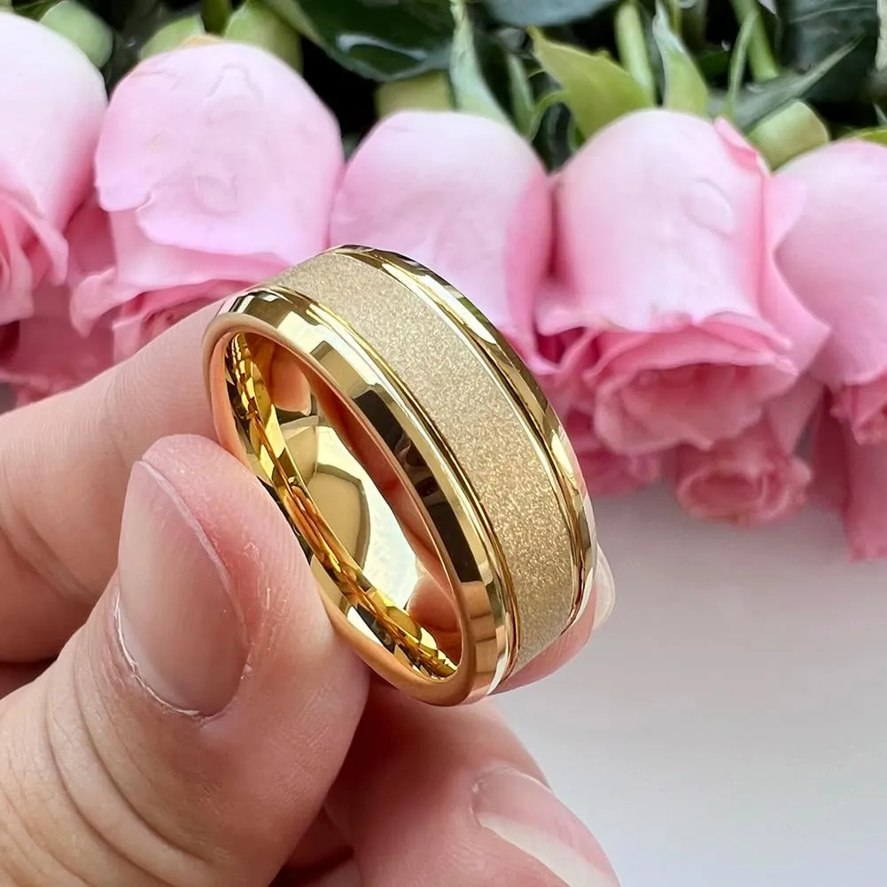 8mm Black/White/Gold Tungsten Rings for Men Women Promise Engagement Wedding Bands Sandblasted Finish Beveled Edges Comfort Fit
