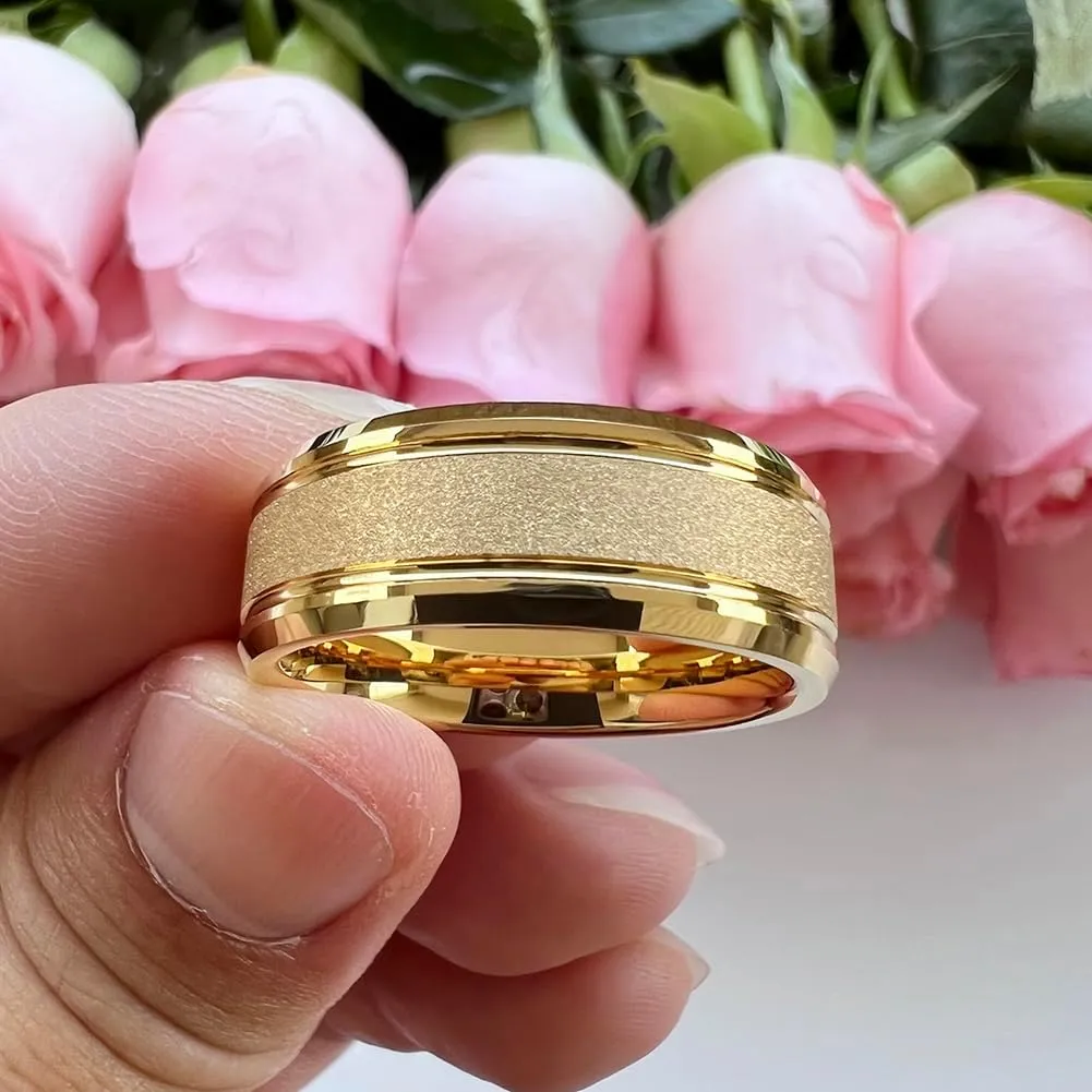 8mm Black/White/Gold Tungsten Rings for Men Women Promise Engagement Wedding Bands Sandblasted Finish Beveled Edges Comfort Fit