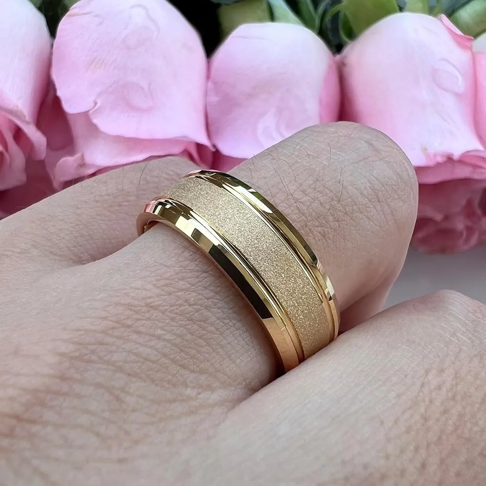 8mm Black/White/Gold Tungsten Rings for Men Women Promise Engagement Wedding Bands Sandblasted Finish Beveled Edges Comfort Fit