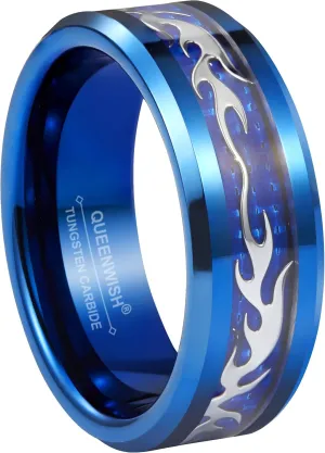 8mm Mens Wedding Bands Silver Bats Infinity Stylish Blue Tungsten Promise Couples Ring for Anniversary Jewelry