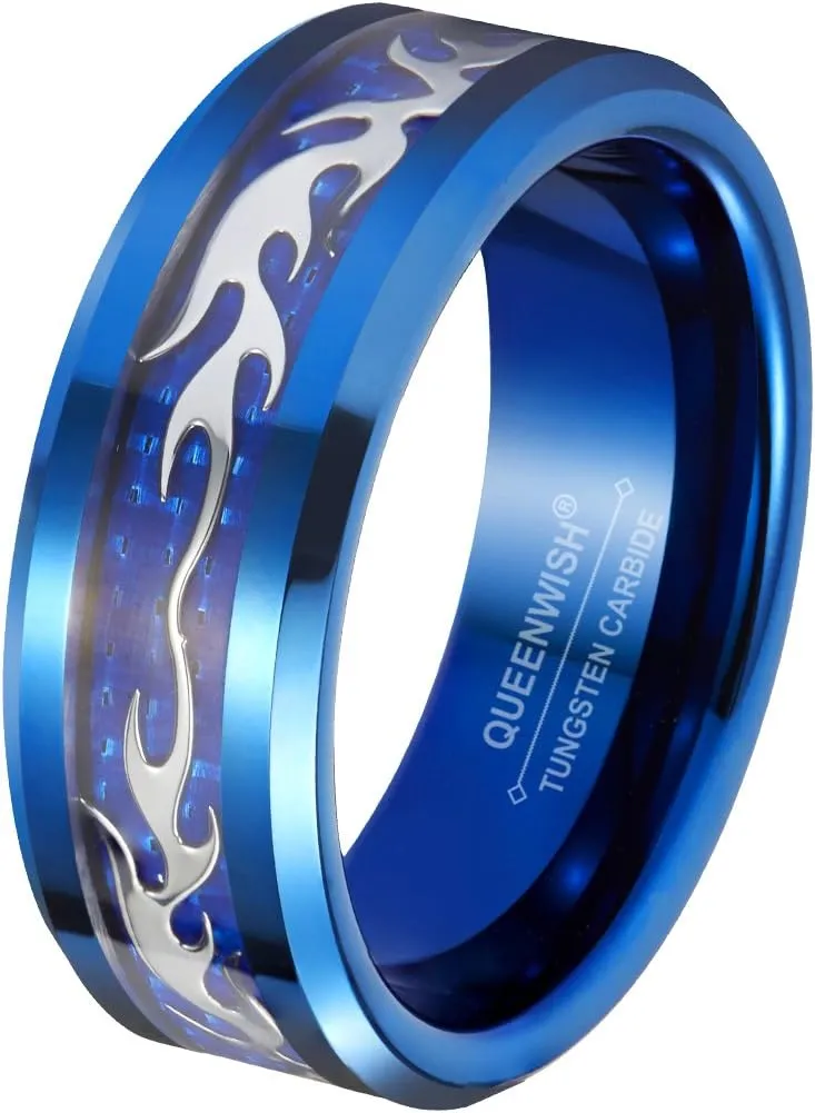 8mm Mens Wedding Bands Silver Bats Infinity Stylish Blue Tungsten Promise Couples Ring for Anniversary Jewelry