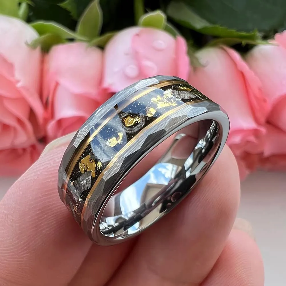 8mm Silver/Black Hammered Tungsten Rings for Men Women Engagement Wedding Bands Genuine Meteorite Shavings Gold Foil Inlay Matte Finish Comfort Fit