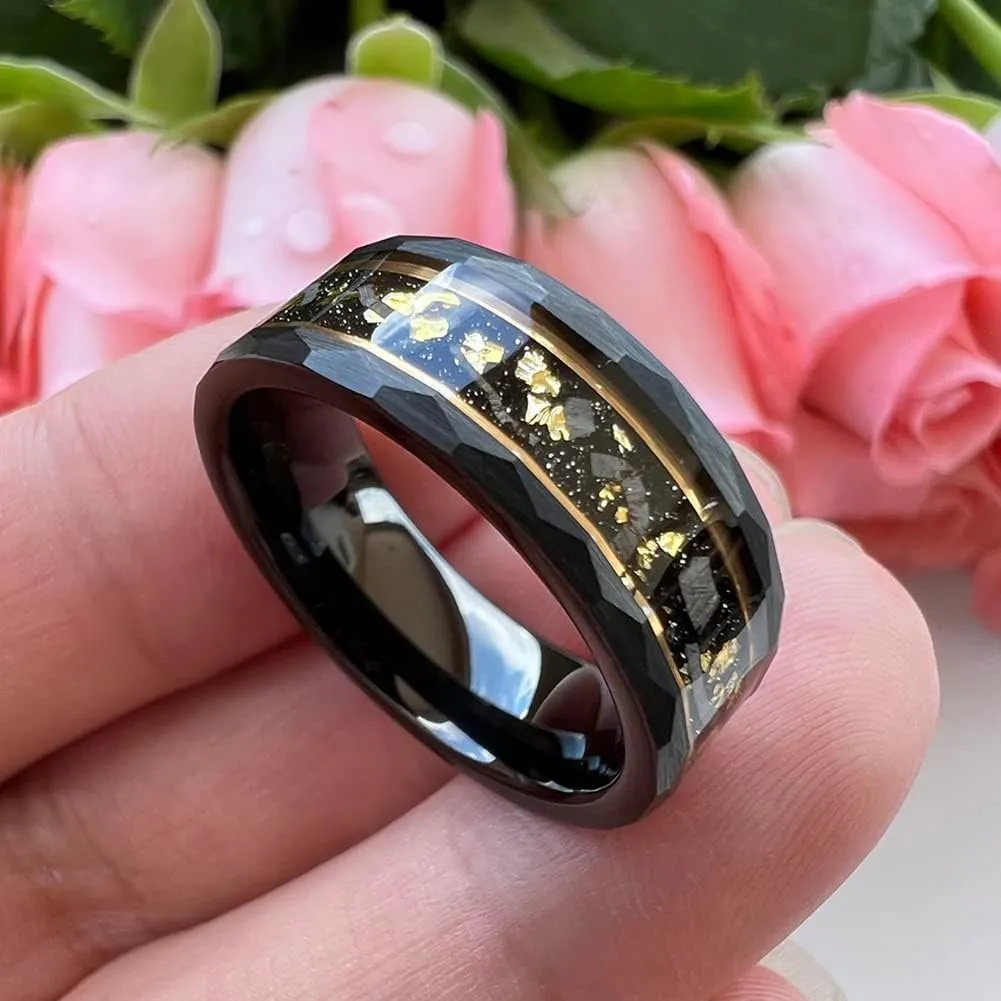 8mm Silver/Black Hammered Tungsten Rings for Men Women Engagement Wedding Bands Genuine Meteorite Shavings Gold Foil Inlay Matte Finish Comfort Fit