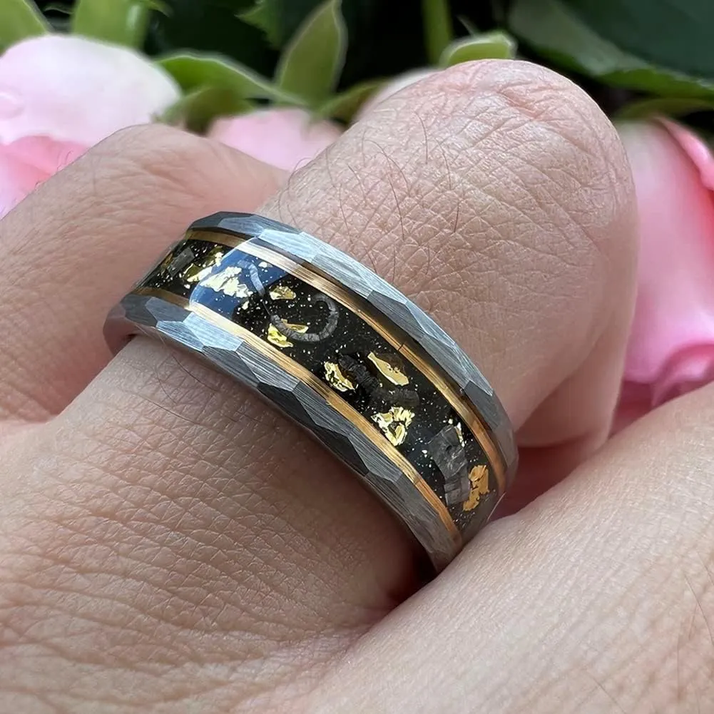 8mm Silver/Black Hammered Tungsten Rings for Men Women Engagement Wedding Bands Genuine Meteorite Shavings Gold Foil Inlay Matte Finish Comfort Fit
