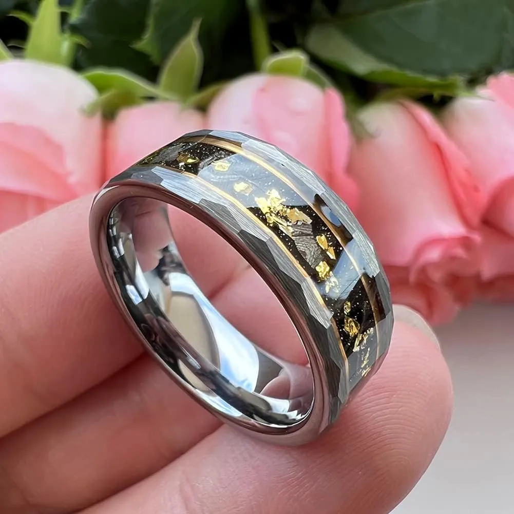 8mm Silver/Black Hammered Tungsten Rings for Men Women Engagement Wedding Bands Genuine Meteorite Shavings Gold Foil Inlay Matte Finish Comfort Fit